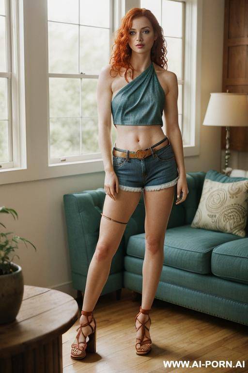 celtic, red hair (wavy, shoulder-length), green eyesd cups, (denim cutoffs), (white halter top) (gladiator sandals). (freckles fair skin) - #main