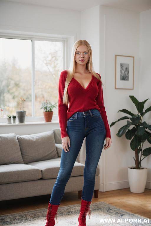 (blonde straight long hair), (blue eyes), (e cup breasts), (jeans), (long legs), (tight "red v-neck sweater") (combat boots), (fair skin) - #main