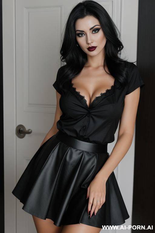 gorgeous dark haired woman with breasts with a dark skirt and dark shirt with a dark face make up - #main
