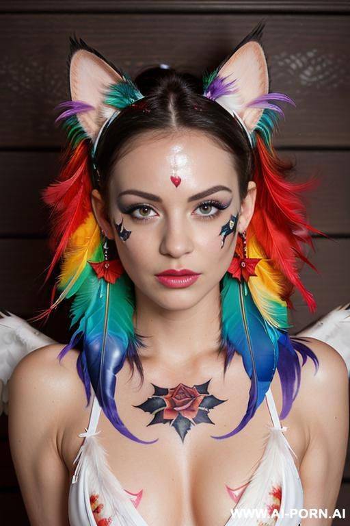 face, sexy, beautiful, ((face painting)), ((bikini as seashell)), ((tattoo roses)), ((eyes shw)), ((angel wings)), ((rainbow hair)), ((long bu hair)), ((wind)), (( cat face)), (( cat ears)), (((feather - #main