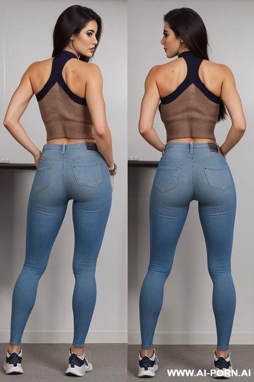 perfect body with perfect butt, full-length rear body shot, wearing a halter neck sweater, wearing running shoes, standing with open legs - #main