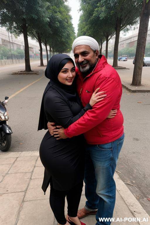smiling curvy russian thick wife wearing hijab hugged from homeless indian man - #main