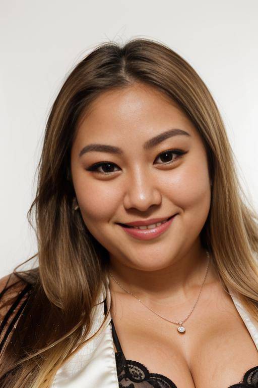 smiling, (((face closeup))), (((fat face))), (((round face))), (((extremely long hair))), looking at viewer, (((front facing))), (((headshot))), front view, a chubby shorty filipina milf is modeling in a - #main