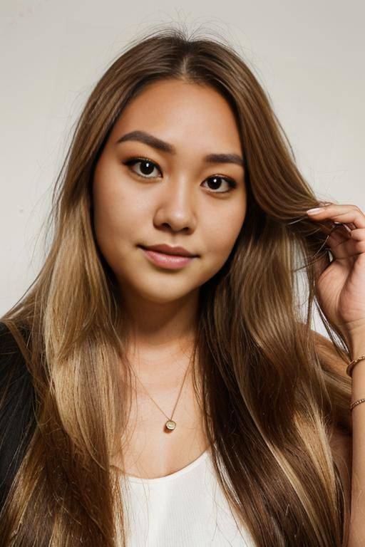 (((adjusting hair))), (((face closeup))), (((fat face))), (((round face))), (((extremely long hair))), looking at viewer, (((front facing))), (((headshot))), a chubby shorty filipina milf is modeling in a - #main