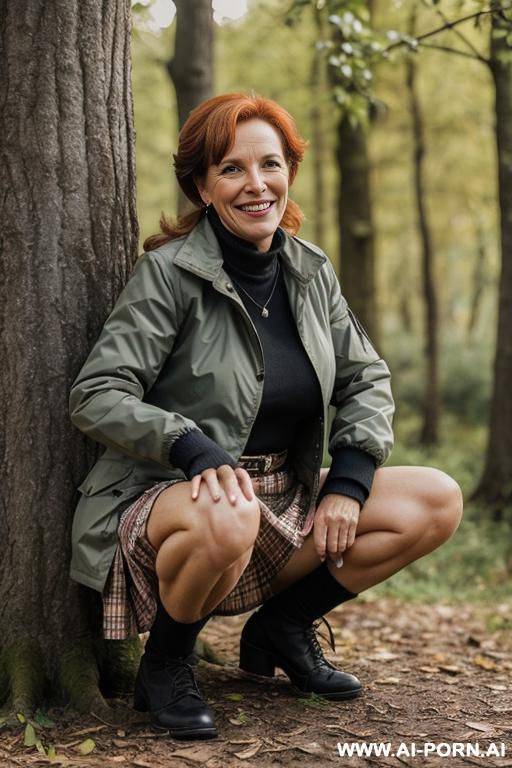 french female ranger squatting next to tree, in nature outdoorjacket, skirt, hairy pussy - #main
