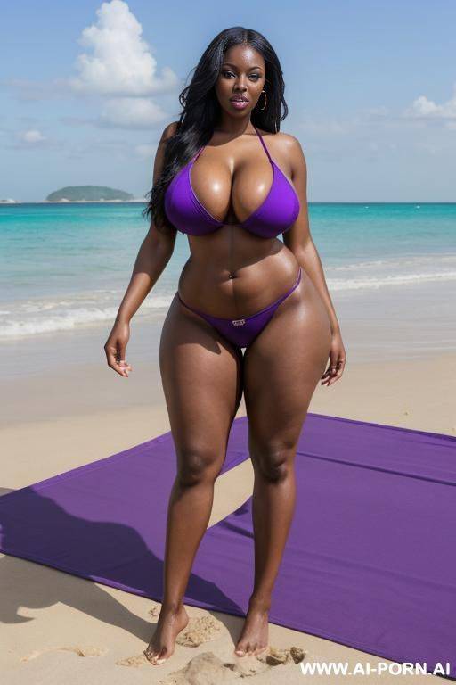 tall busty african hotwife, gorgeous face, thick lips, long slick black hair, black eyes, massive boobs, waist, abs, huge ass, wide hips, thick legs, seductive, beach, standing up, full body picture, purple micro bikini, barefoot, - #main