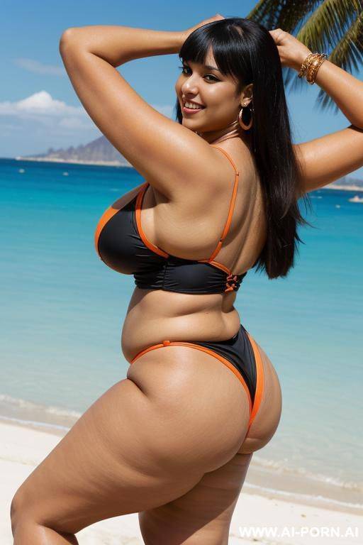 egyptian queen wearing orange and black colored swimsuit, (long hair with bangs), (((massive huge breasts))), full body view, photorealistic, ((chubby woman)), ((wide hips)), ((huge butt)), beach, smiling, ((showing armpit)) - #main
