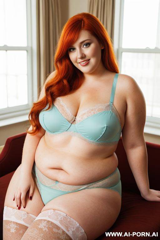 half-length photo, in the study area, a fat chubby obese fat thick and bbw redhead british, she is reading a book. she has lovehandless and a soft medium tummy. she is wearing a skybluel lace stocking lingeries. she has the most body mom - #main