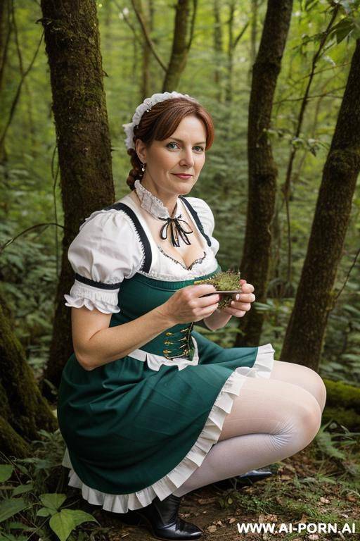 german traditional woman dirndl squatting in underbrush, - #main