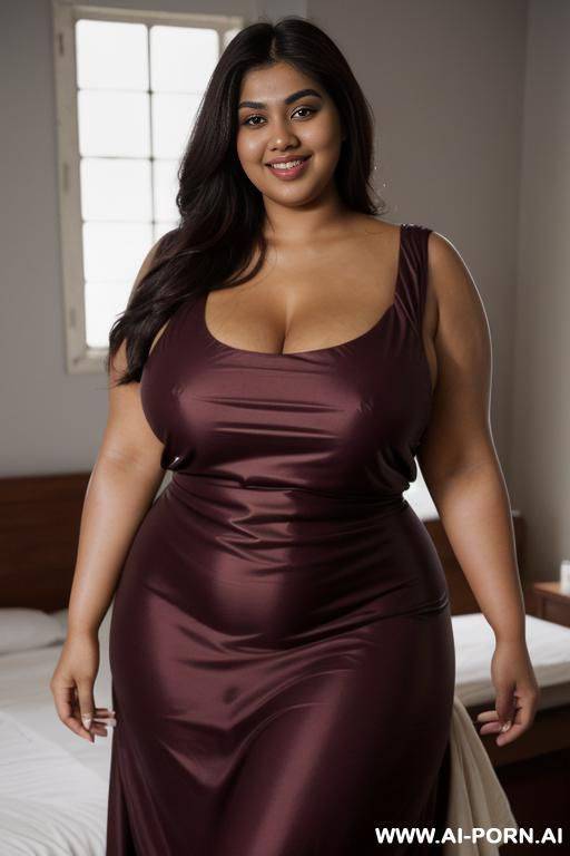 (pear shaped) (smiling dark skin pakistani woman) (super plump) (300 pounds) (fat woman) (simple red apron dress) (accidental nip slip) (showing breasts) (exposed breasts)) (topless) - #main