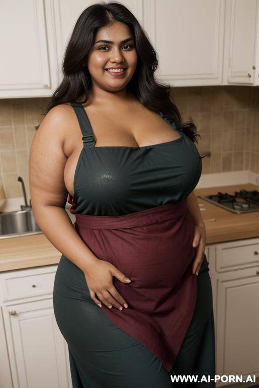 (pear shaped) (fat arms) (very chubby( (smiling dark skin pakistani woman) (super plump) (300 pounds) (fat woman) (simple red apron) (accidental nip slip) (showing breasts) (exposed breasts)) (topless) (wearing apron) (big belly) - #main