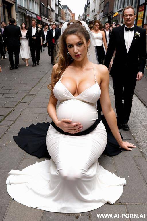 (facial), (cum:1.3), gigantic breasts, pregnant, gangbang, wedding dress, full body, high ponytail, dutch hair, anal_object_insertion, lie down on the street, crowd, - #main