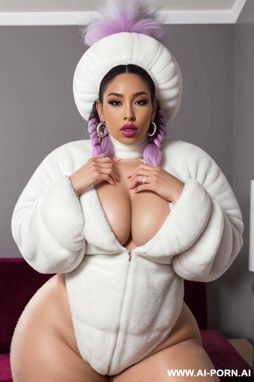 massive thick fluffy fuzzy full suit, hyper white fuzzy leotaer full suit, thick fuzzy leotard with massive fuzzy rings, full suit with fuzzy rings, huge fuzzy scarf, fit bimbo, huge inflated lips, oversize swollen mouth, spread big pussy lips - #main