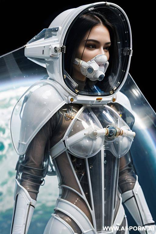 (close up) (gorgeous woman in (partially transparent armored environmental suit) (transparent chest) (wearing oxygen mask) (very white skin)) (long straight hair) (spacecraft launch bay) - #main