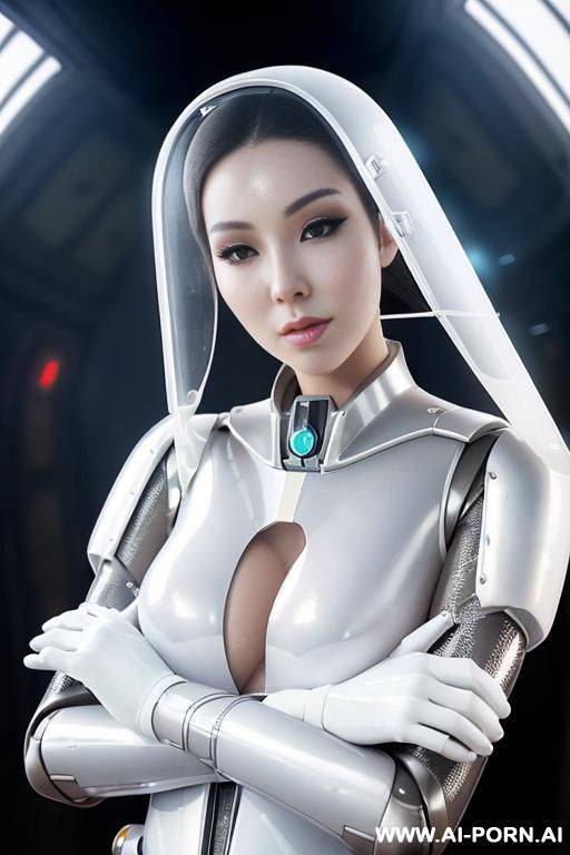 (gorgeous woman in (partially transparent armored environmental suit) (wearing oxygen mask) (very white skin)) (long straight hair) (spacecraft launch bay) - #main
