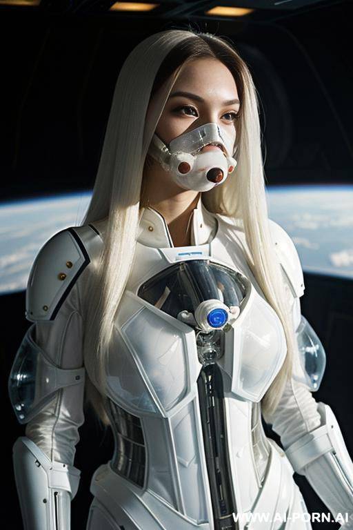 (close up) (gorgeous woman in (partially transparent armored environmental suit) (wearing oxygen mask) (very white skin)) (long straight hair) (spacecraft launch bay) - #main