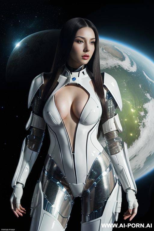 (gorgeous woman in (partially transparent armored environmental suit) (very white skin)) (deep cleavage) (glowing eyes) (long straight hair) (spacecraft hanger) - #main