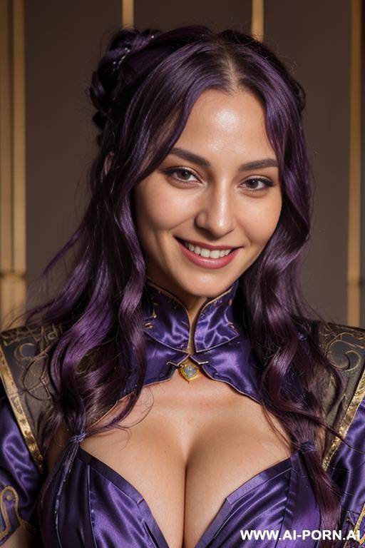 close!, immersive expression, lovingly boastful russian, flowing wavy purple hair, closeup in luxurious clothes, she is seductively tanned, pleasure, real-life sei-ra sodes-hiro! - #main