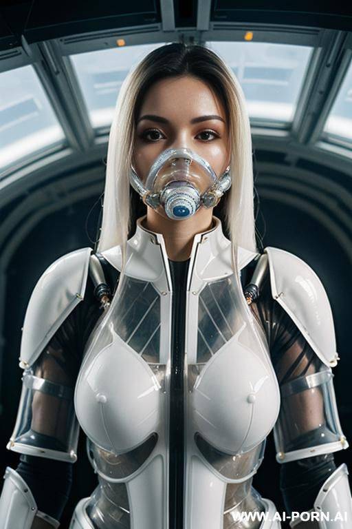 (close up) (gorgeous woman in (partially transparent armored environmental suit) (open top) (wearing oxygen mask) (very white skin)) (long straight hair) (spacecraft launch bay) - #main