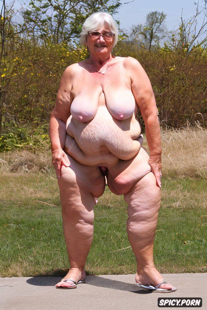 shaved, ssbbw belly1 4, front view, an old fat futanari granny standing naked with obese belly - #main