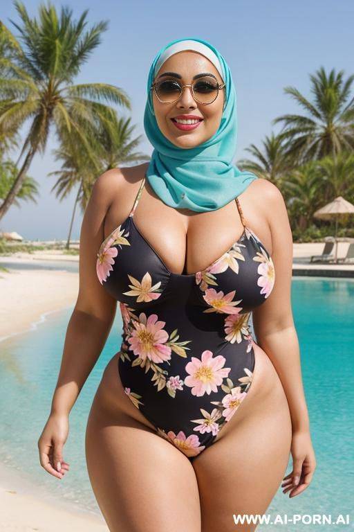 smiling curvy egyptian thick body wife wearing hijab and floral monokini - #main