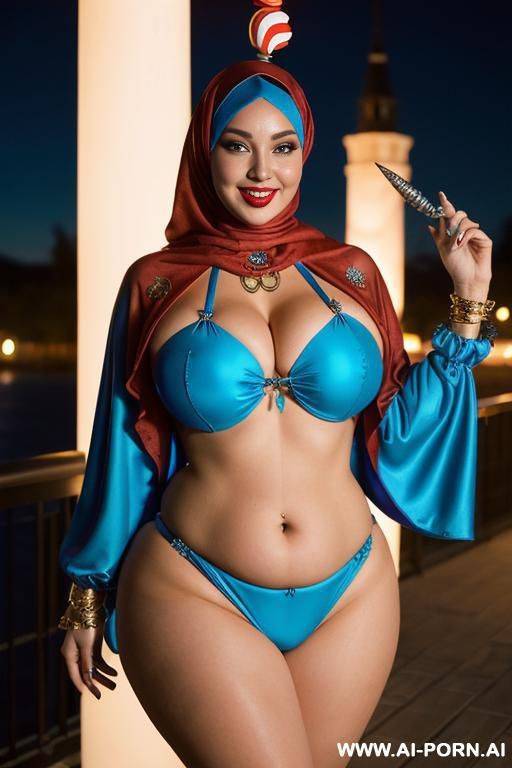 smiling curvy russian thick body wife wearing hijab and blue monokini standing at night - #main