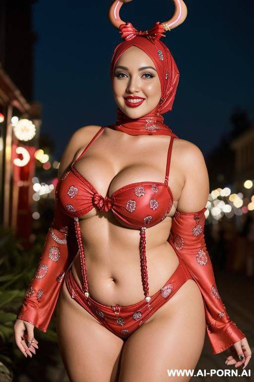 smiling curvy russian thick body wife wearing hijab and floral monokini standing at night - #main