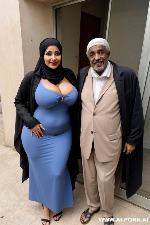 smiling curvy egyptian busty wife fully naked wearing hijab standing with homeless old black man - #main
