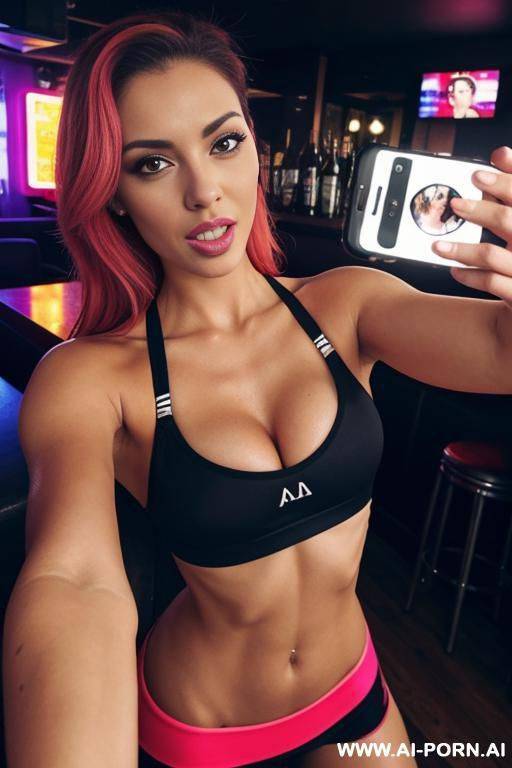 girl opening asshole to camera she is taking a selfie, and she wears sports bra.she is in a coubrty bar, and she is full of neons - #main