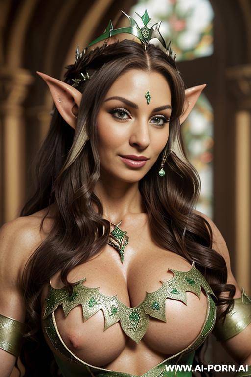 ((topless)), (soft seductive smile), (light tan), (beautiful), (model face), (photo realistic), (detailed face) alluring eye, contact, flirty, and sexy smile (((elaborately wavy hair))) (((wearing an - #main