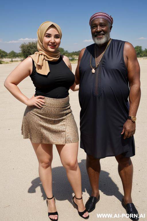 smiling curvy russian thick wife wearing hijab standing with old african man - #main