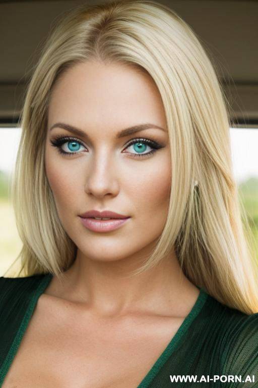 pretty redneck blonde, pretty round face, bright green eyes, photo realistic, - #main