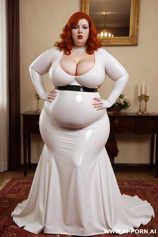 white latex ball gown; collar; gigantic huge boobs; obese; - #main