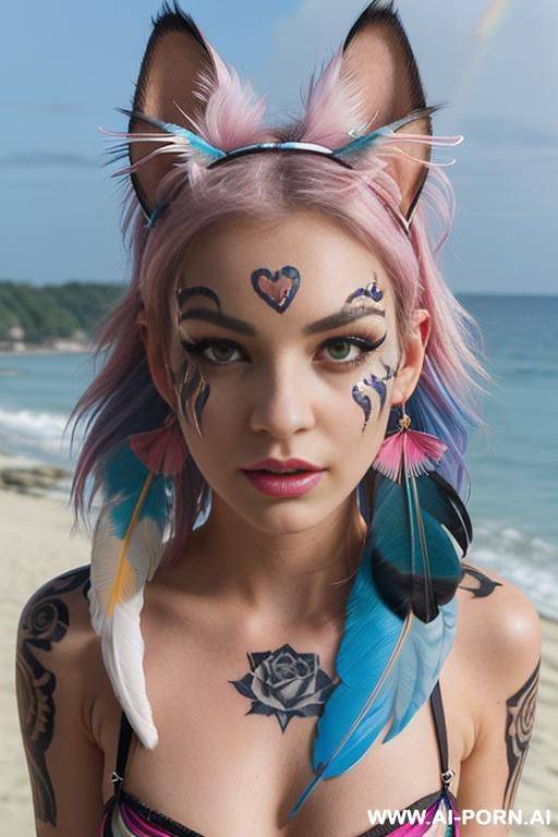 face, sexy, beautiful, ((face painting)), ((bikini as seashell)), ((tattoo roses)), ((eyes shw)), ((angel wings)), ((rainbow hair)), ((long bu hair)), ((wind)), (( cat face)), (( cat ears)), (((feather - #main