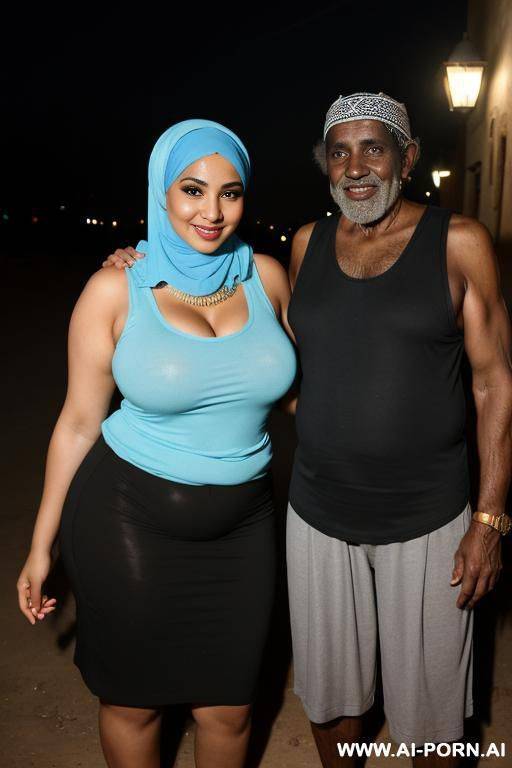 smiling curvy egyptian thick wife wearing hijab, sleeveless shirt and micro skirt standing with old african man at night - #main