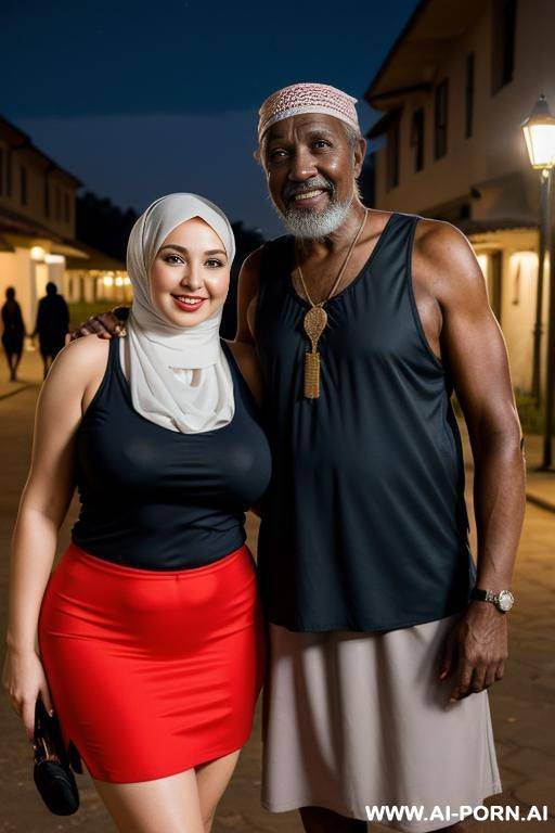 smiling curvy russian thick wife wearing hijab, sleeveless shirt and micro skirt standing with old african man at night - #main