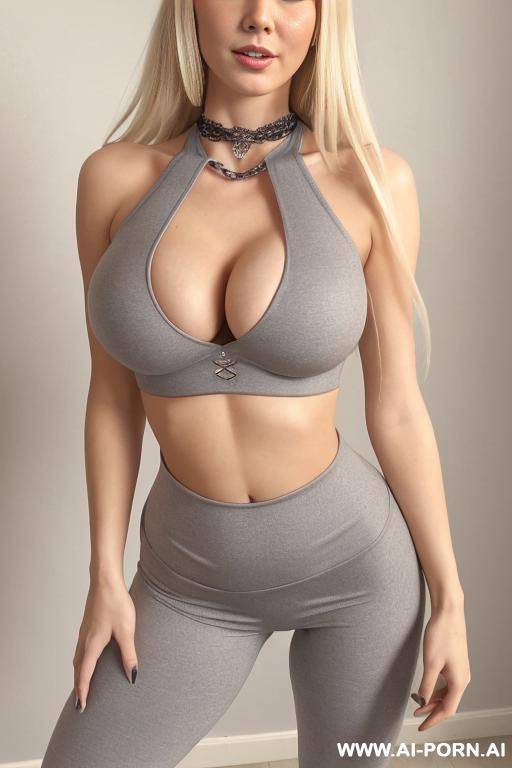 chocker neklace, grey leggings on bottom, grey crop top on top - #main