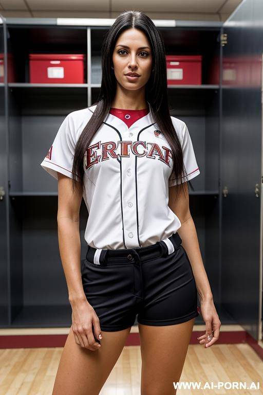 medium length straight hair, standing in locker room, photo realistic, dressed in softball uniform, beautiful french model, - #main