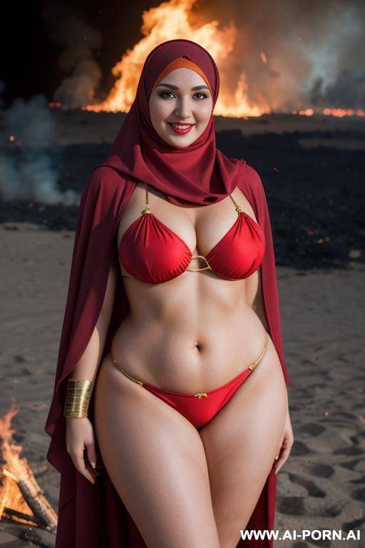 smiling curvy russian thick wearing hijab and superwoman bikini costume standing at fire - #main