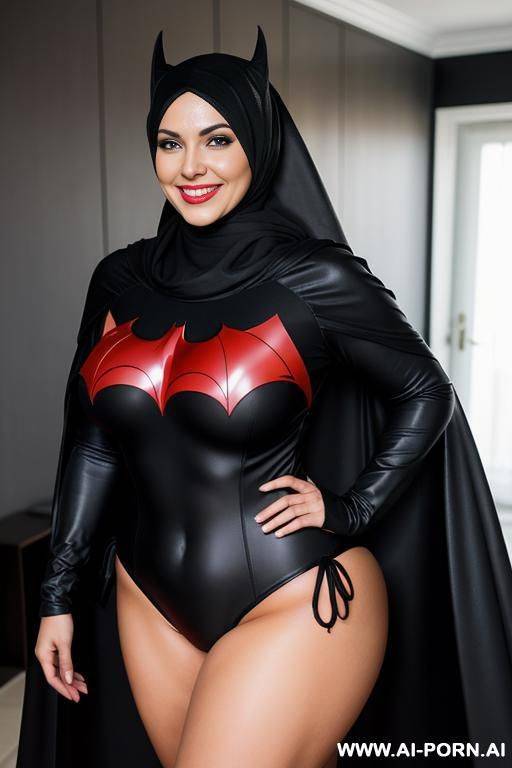 smiling curvy russian thick wearing hijab and batwoman bikini costume standing with super hero black man - #main
