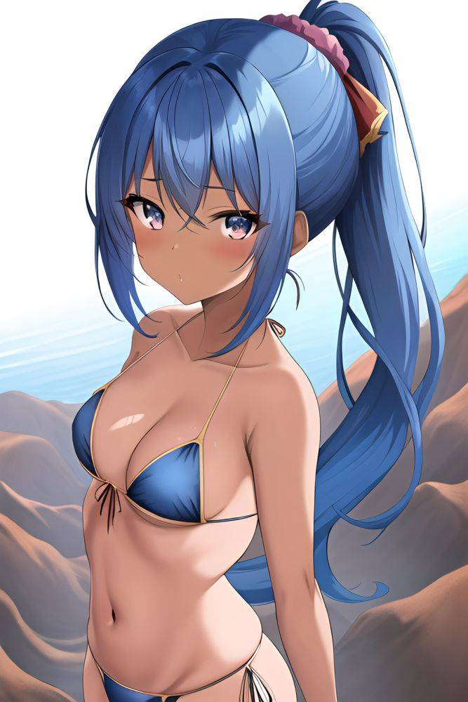 Anime Busty Small Tits 60s Age Seductive Face Blue Hair Ponytail Hair Style Dark Skin Vintage Desert Close Up View T Pose Bikini 3665254655710281859 - AI Hentai - #main