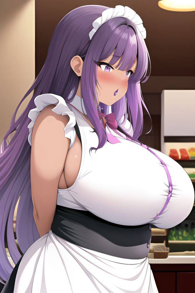 Anime Chubby Huge Boobs 70s Age Shocked Face Purple Hair Straight Hair Style Dark Skin Black And White Grocery Side View Eating Maid 3665258519033414112 - AI Hentai - #main