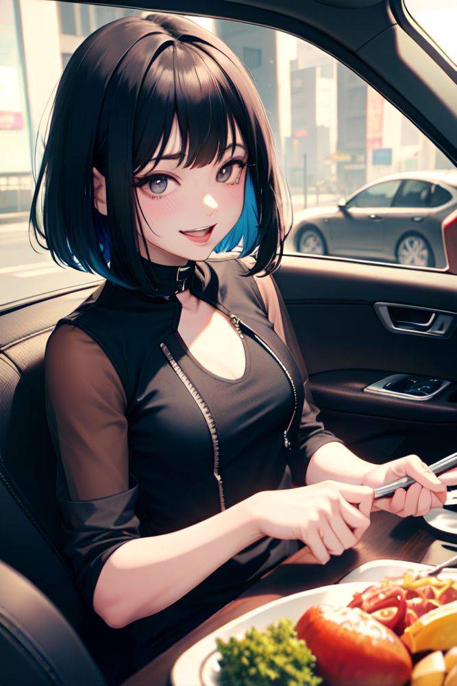 Anime Busty Small Tits 50s Age Laughing Face Black Hair Bangs Hair Style Light Skin Cyberpunk Car Close Up View Cooking Goth 3667009576676551958 - AI Hentai - #main