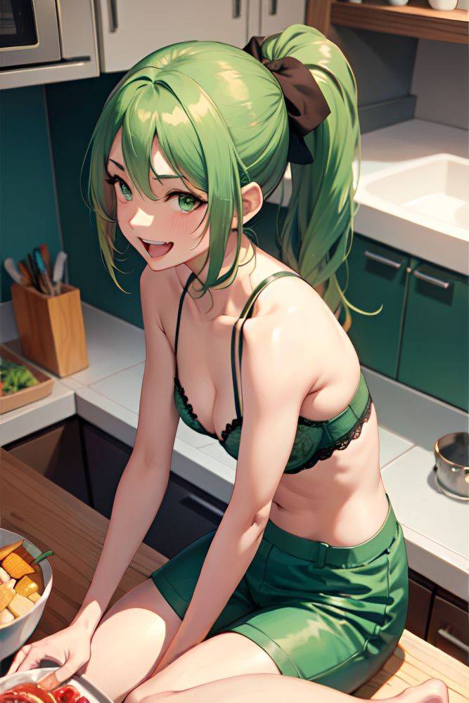 Anime Skinny Small Tits 40s Age Laughing Face Green Hair Ponytail Hair Style Dark Skin Watercolor Kitchen Close Up View Spreading Legs Bra 3667028905805681605 - AI Hentai - #main