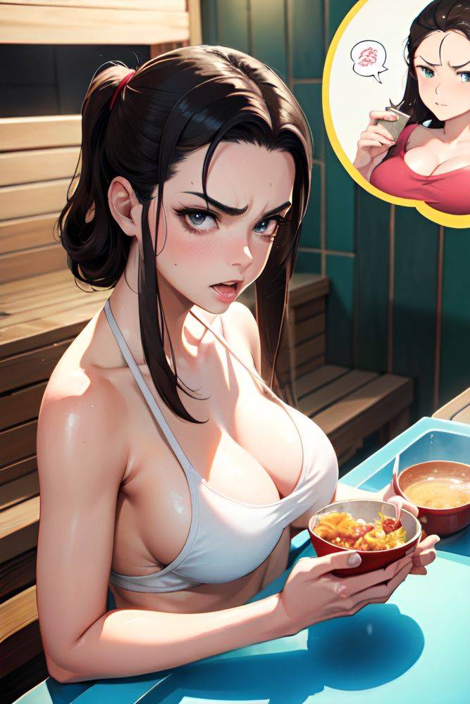 Anime Busty Small Tits 80s Age Angry Face Brunette Slicked Hair Style Light Skin Watercolor Sauna Close Up View Eating Latex 3667175791913035022 - AI Hentai - #main