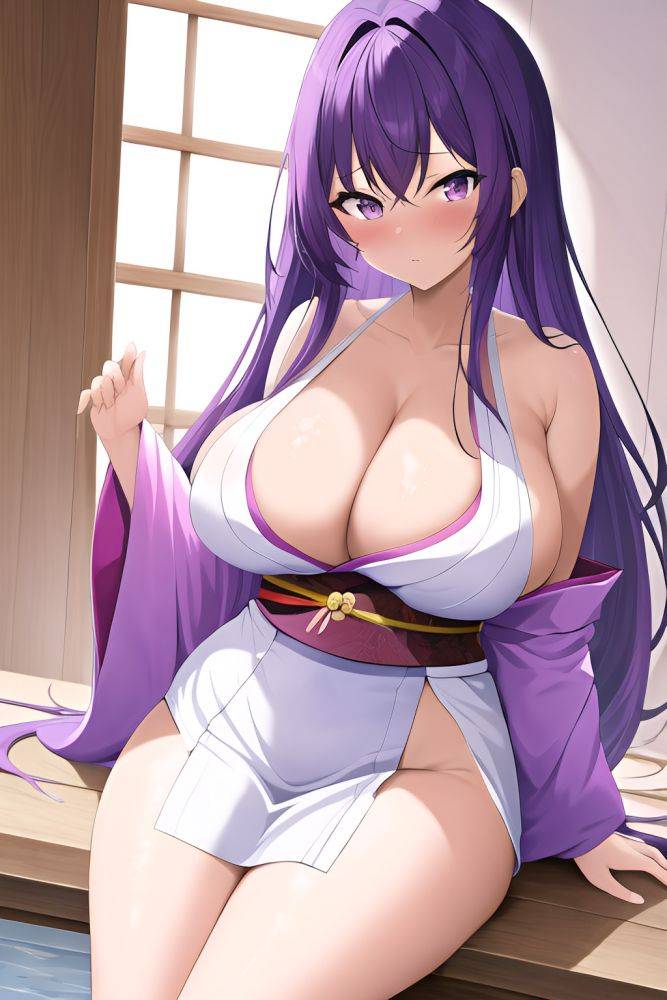 Anime Busty Huge Boobs 18 Age Shocked Face Purple Hair Straight Hair Style Dark Skin Watercolor Bathroom Close Up View Plank Kimono 3664562737526959168 - AI Hentai - #main