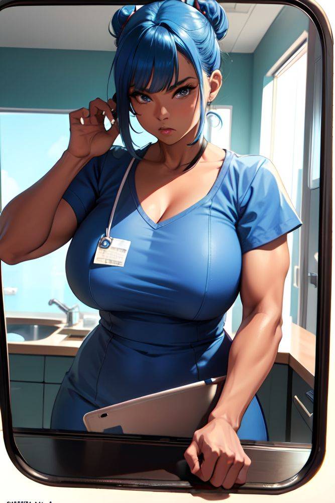 Anime Muscular Huge Boobs 60s Age Serious Face Blue Hair Hair Bun Hair Style Dark Skin Mirror Selfie Car Side View Eating Nurse 3667535282439729632 - AI Hentai - #main