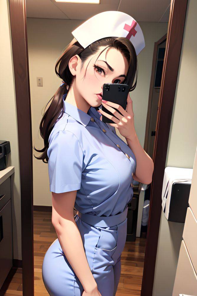 Anime Busty Small Tits 50s Age Pouting Lips Face Brunette Slicked Hair Style Dark Skin Mirror Selfie Office Side View On Back Nurse 3667546880999075656 - AI Hentai - #main