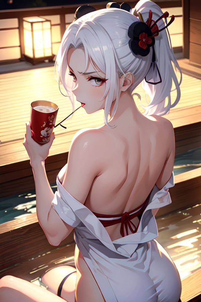 Anime Busty Small Tits 50s Age Angry Face White Hair Ponytail Hair Style Light Skin Black And White Onsen Back View Eating Geisha 3667597132117274587 - AI Hentai - #main