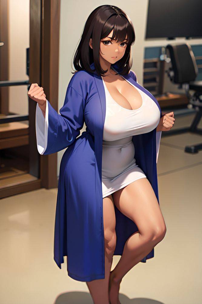 Anime Skinny Huge Boobs 40s Age Serious Face Brunette Bangs Hair Style Dark Skin Skin Detail (beta) Stage Front View Working Out Bathrobe 3667670573911465083 - AI Hentai - #main